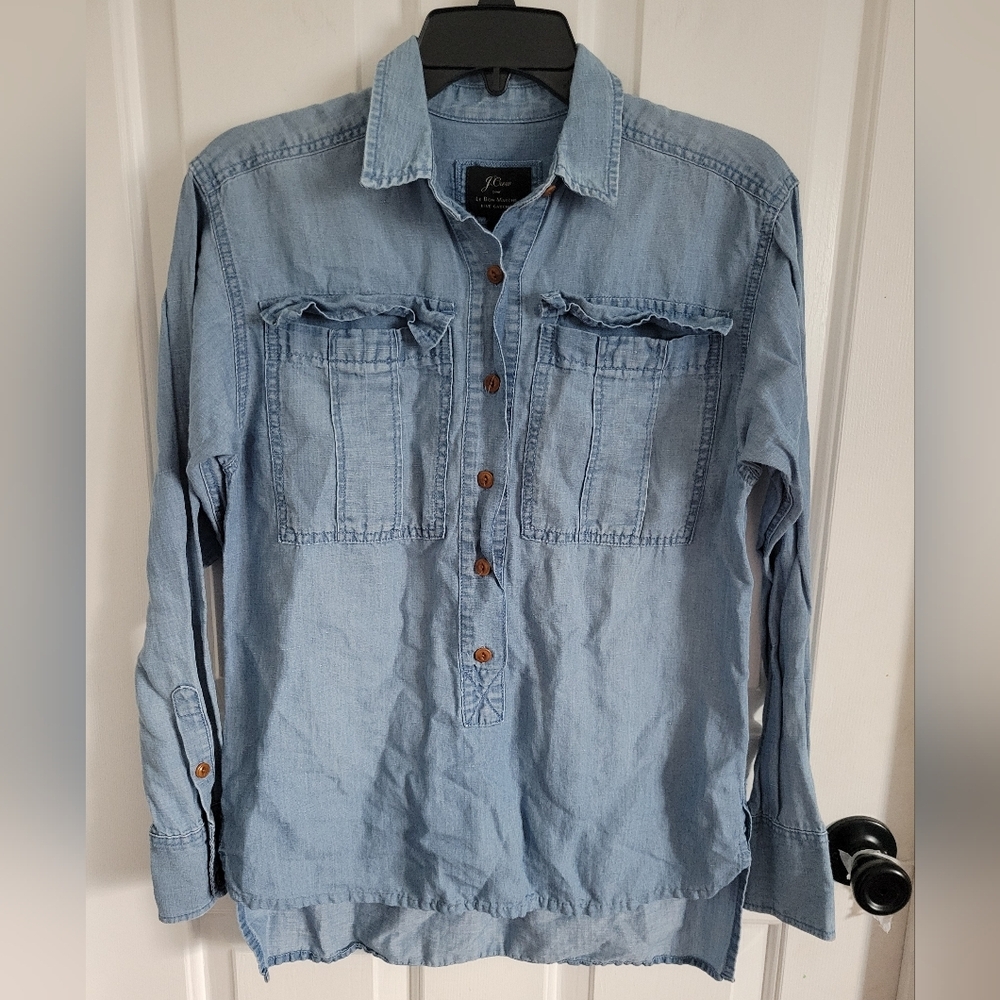 J. Crew Women’s Chambray Denim Long Sleeve Front Button Top Size 0